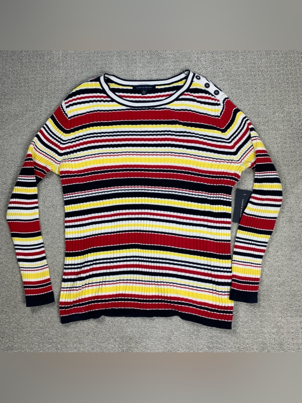 NWT Tommy Hilfiger Striped Knit Crewneck Button Shoulder Cotton Sweater Women XL